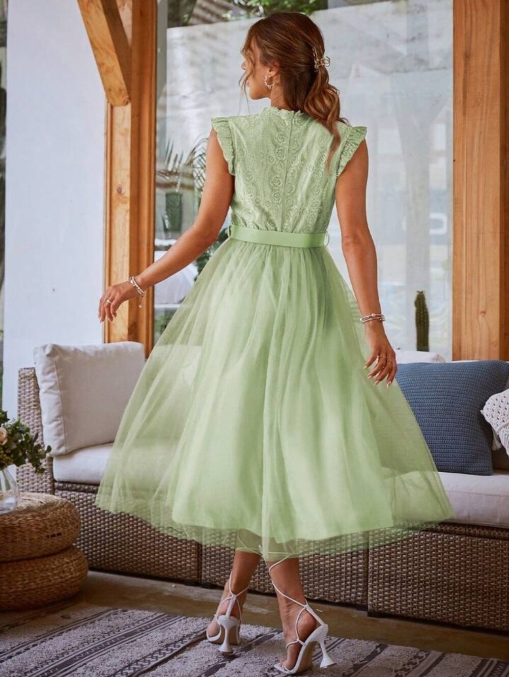 Women's Simplee Brand Contrast Lace Mint Green Belted Mesh Midi Dress | SIZE L - Picture 3 of 9